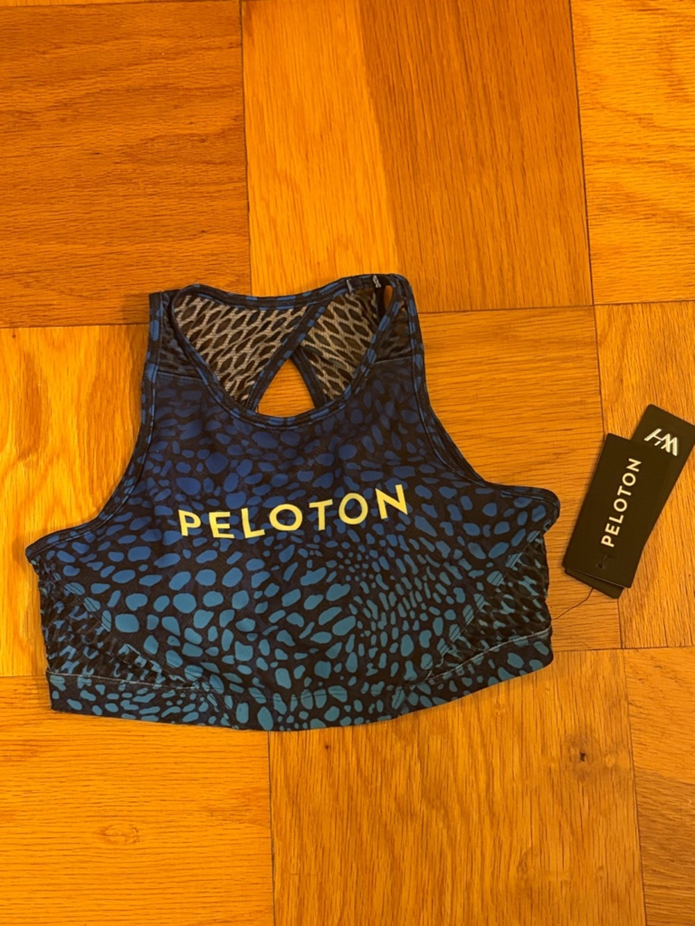 Peloton Blue and Yellow Animal-Print Racerback Sports Bra
